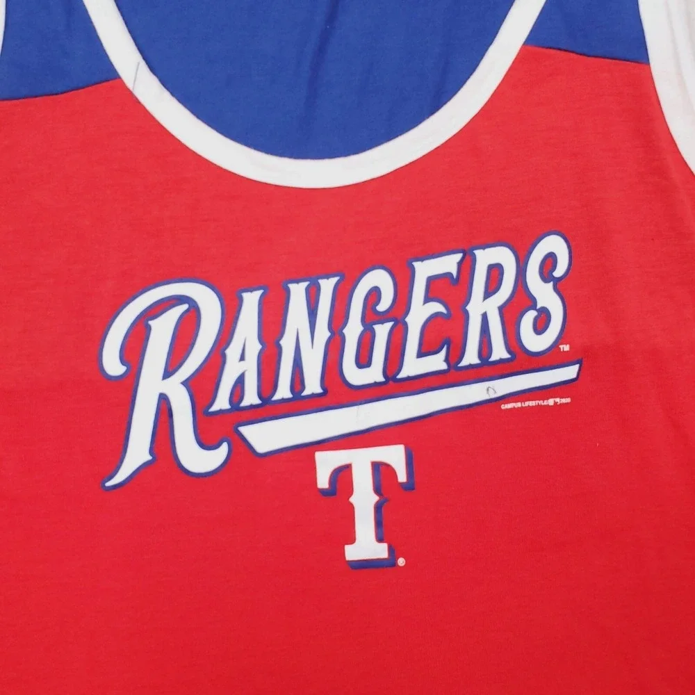 Texas Rangers Tank Top Womens XXL Blue Red Spellout Logo Shirt Baseball MLB NWT